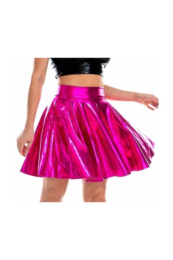 DCIUSTFHE Femmes Sexy Estampage Cuir Verni Plissé Ourlet Jupe en Cuir Boîte De Nuit Bar DS Scène Costumes,Rouge,S