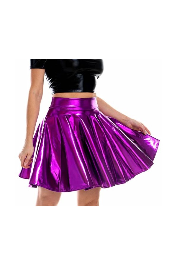 DCIUSTFHE Femmes Sexy Estampage Cuir Verni Plissé Ourlet Jupe en Cuir Boîte De Nuit Bar DS Scène Costumes,Rouge,S