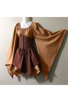 IQYU Robe festive pour femme - Carnaval - M - Costume de cosplay - Robe corset rétro à manches longues - Robe sexy, kaki, XXX