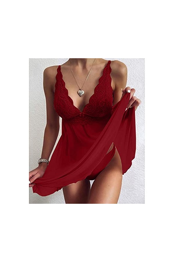 QKX,Peignoir,Chemise de Nuit Sexy en Dentelle pour Femmes Vêtements de Nuit à col en V Profond sans Manches Chemises de Nuit 