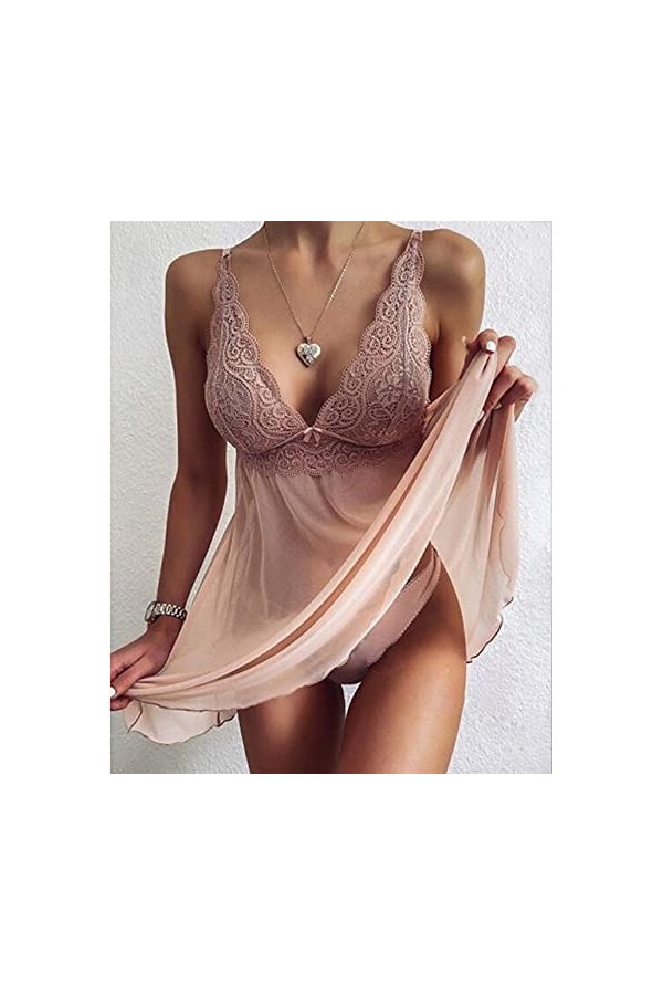 QKX,Peignoir,Chemise de Nuit Sexy en Dentelle pour Femmes Vêtements de Nuit à col en V Profond sans Manches Chemises de Nuit 