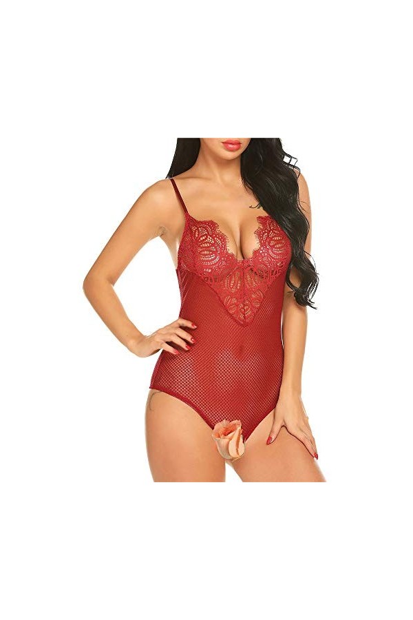 Lingerie sexy pour femme - Transparente - Cils ajourés - Dentelle en V profond - Bretelles spaghetti - Sans manches - En rési