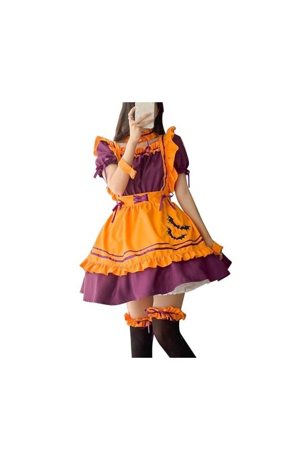 Costume de soubrette dHalloween, robe de soubrette à volants, nœud papillon avec tablier, anneau de jambe pour filles taill