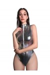 Costume En Cuir Verni Brillant Pour Femmes, Tenue Coupe Haute, Body Avec Manches Longues Et Oreilles De Lapin Color : Silver