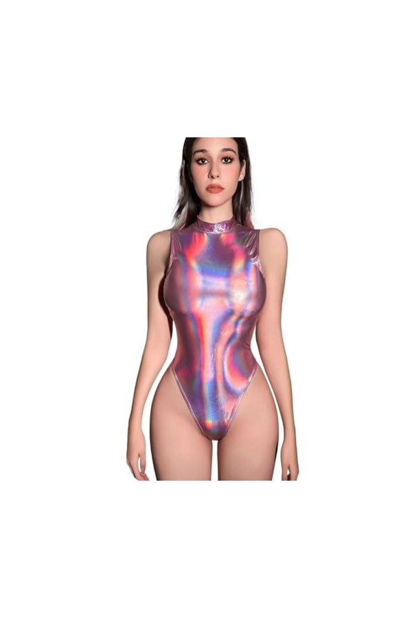 Costume En Cuir Verni Brillant Pour Femmes, Tenue Coupe Haute, Body Avec Manches Longues Et Oreilles De Lapin Color : Silver