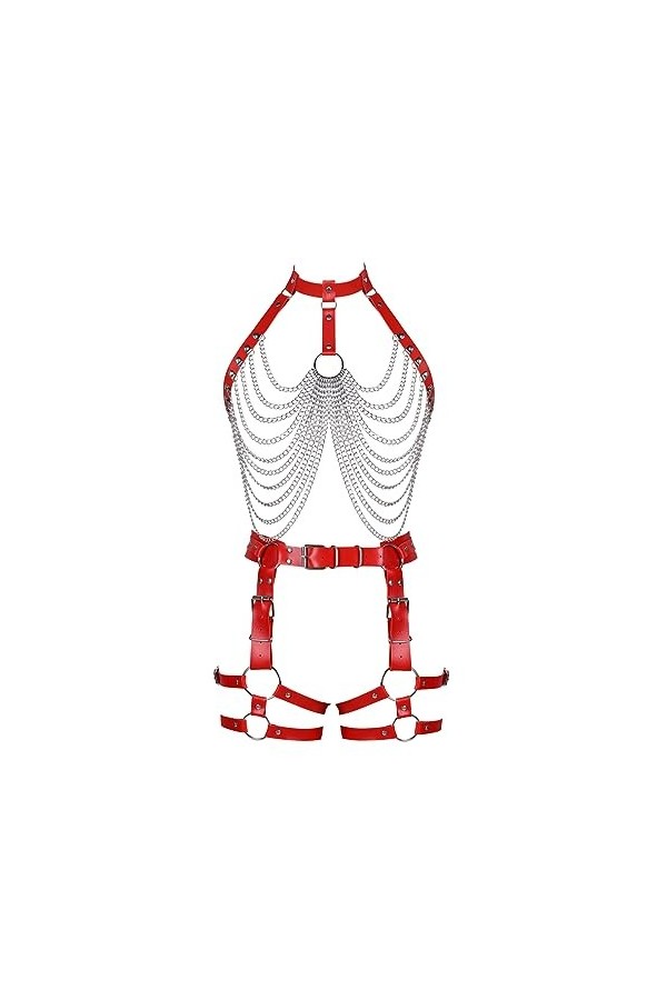 Femmes Body Strap Cuir Soutien - Gorge Creux Cupless Mode Garter Costume Punk Gothique Halloween Club Party Rave Costume Rou