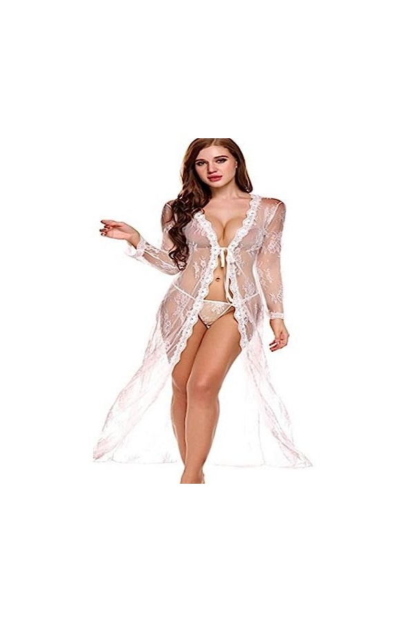 ZTIANEF Ouvrir lentrejambeLady Sexual Fun Lingerie Mesh Robe de Chambre Dentelle Jupe Longue, Blanc, S