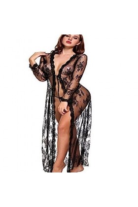 ZTIANEF Plus Grande tailleFemme Sexuelle, Lingerie drôle, Robe de Chambre en Maille, Jupe Longue en Dentelle, Pyjama, Noir, X