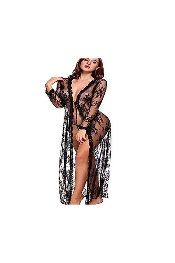 ZTIANEF Plus Grande tailleFemme Sexuelle, Lingerie drôle, Robe de Chambre en Maille, Jupe Longue en Dentelle, Pyjama, Noir, X