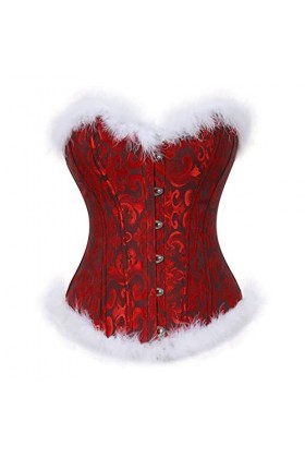 DELIGUO Bustiers et Corsets Femme - Sexy Santa Overbust Corset Lingerie Tops, Costumes De Noël Jacquard Plume Bustier Party C