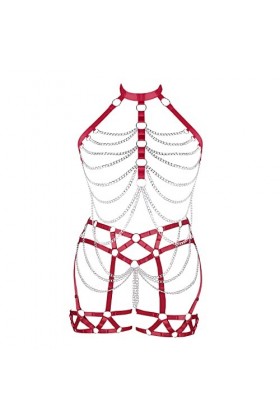 Plus Size Female Body Harness Lingerie Metal Chain Hollow Out Bra Punk Gothic Adjustable Size Halloween Costume Rouge 