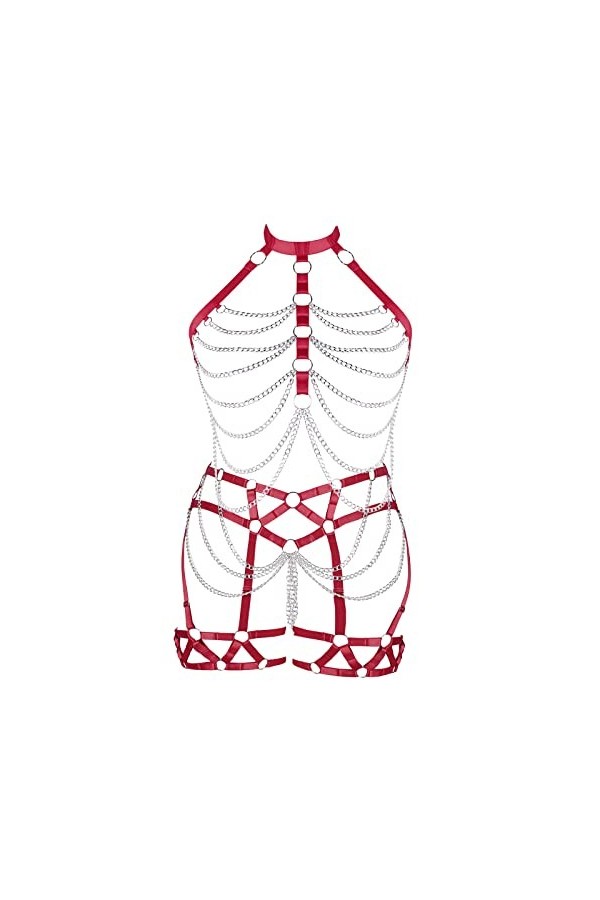 Plus Size Female Body Harness Lingerie Metal Chain Hollow Out Bra Punk Gothic Adjustable Size Halloween Costume Rouge 