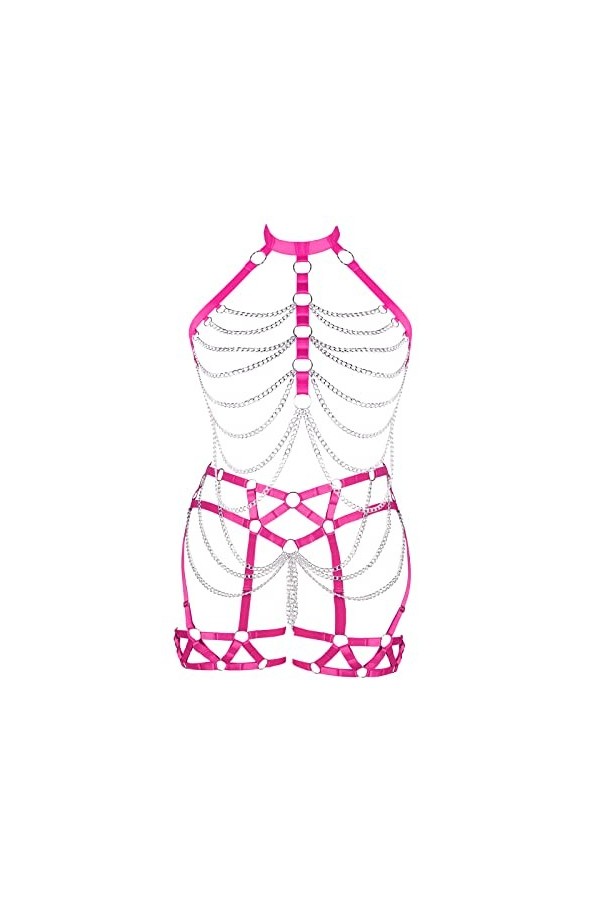 Plus Size Female Body Harness Lingerie Metal Chain Hollow Out Bra Punk Gothic Adjustable Size Halloween Costume Rouge 