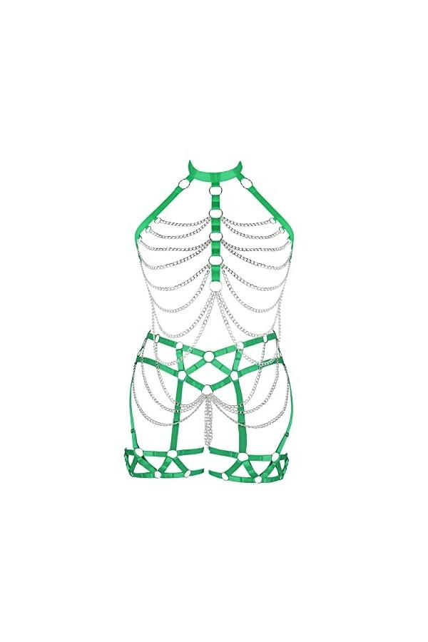 Plus Size Female Body Harness Lingerie Metal Chain Hollow Out Bra Punk Gothic Adjustable Size Halloween Costume Rouge 