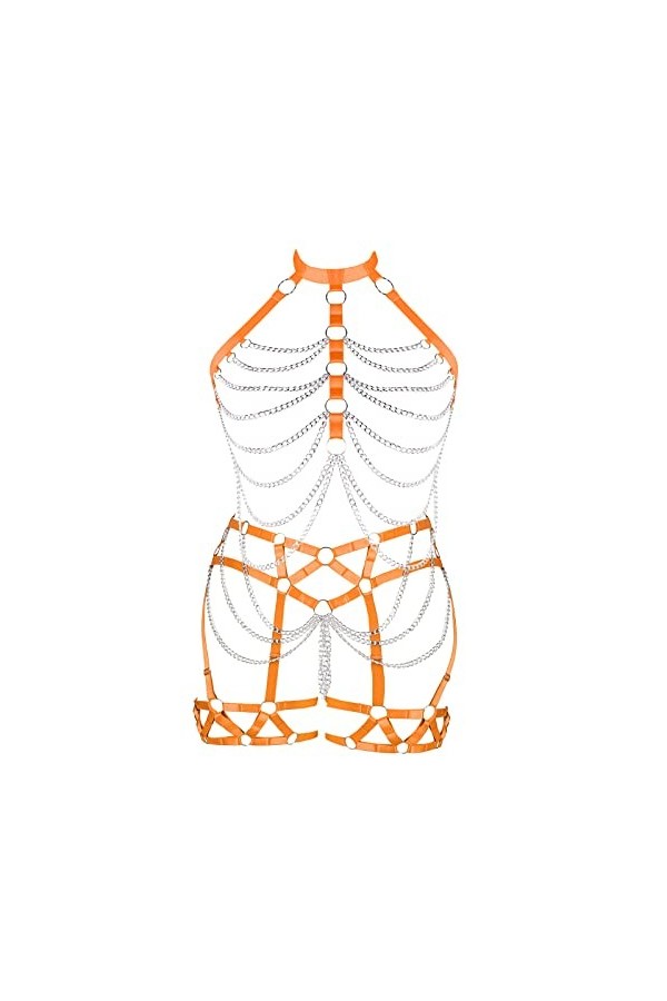 Plus Size Female Body Harness Lingerie Metal Chain Hollow Out Bra Punk Gothic Adjustable Size Halloween Costume Rouge 