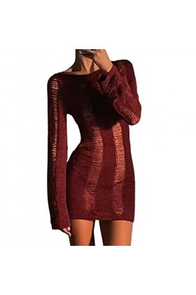 ZVFDMG Robe à manches longues moulante sexy pour femme, Rouge, Taille M