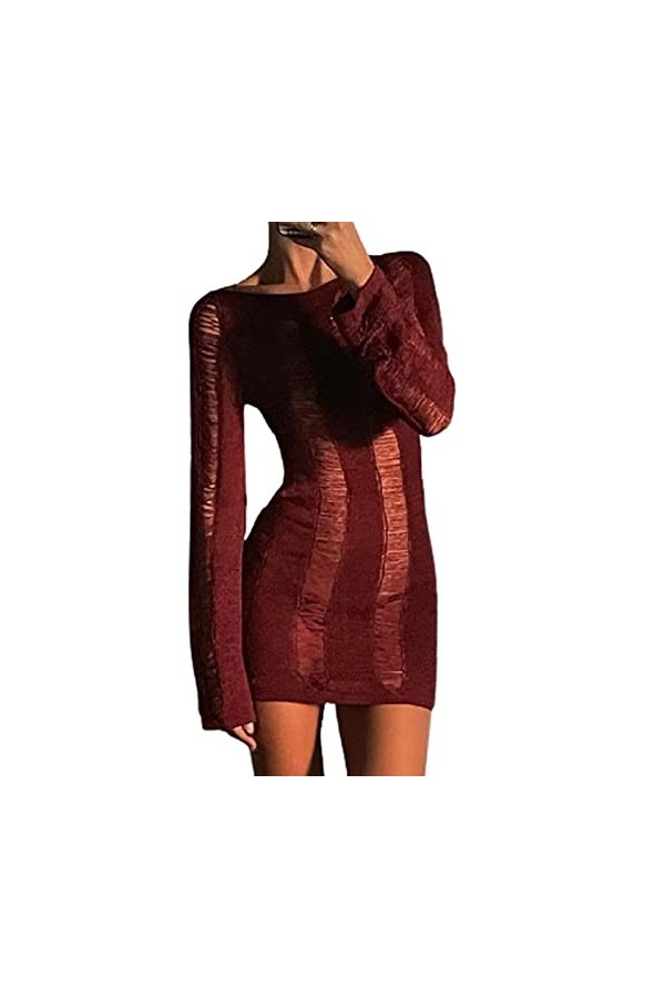 ZVFDMG Robe à manches longues moulante sexy pour femme, Rouge, Taille M