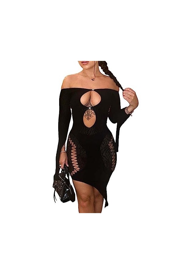 ZVFDMG Robe à manches longues moulante sexy pour femme, Rouge, Taille M