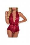 ZTIANEF Ouvrir lentrejambeSexy Lingerie Deep V lambrissé Dos érotique Strappy Combinaison, Rouge, L