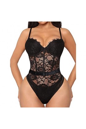 LentrejambeSexy Pyjama de Lingerie érotique en Dentelle Une pièce, Noir, XL