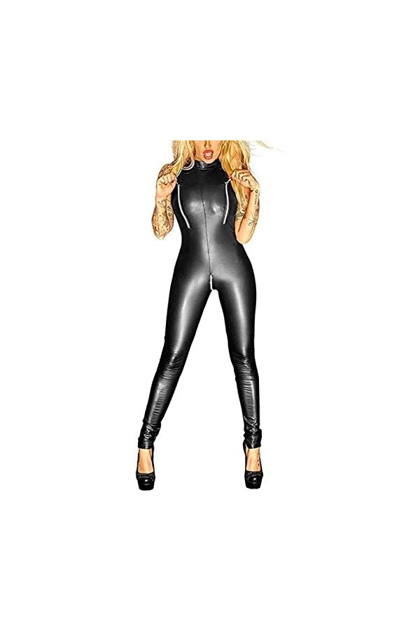 Herxicwa Combinaison Sexy Brillante sans Manches Zip Femme Catsuit Faux Cuir Ouvert Entrejambe Combinaison Wet Look Club Vête