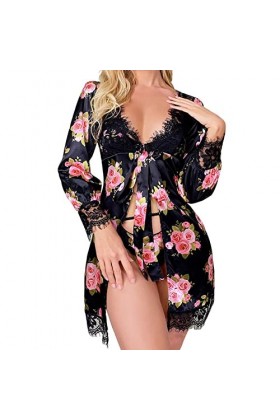 SUNMME Pyjama Sexy en Dentelle Florale Imitation Soie pour Femme - Chemise de Nuit Transparente - Vêtements pour Femme - Ling