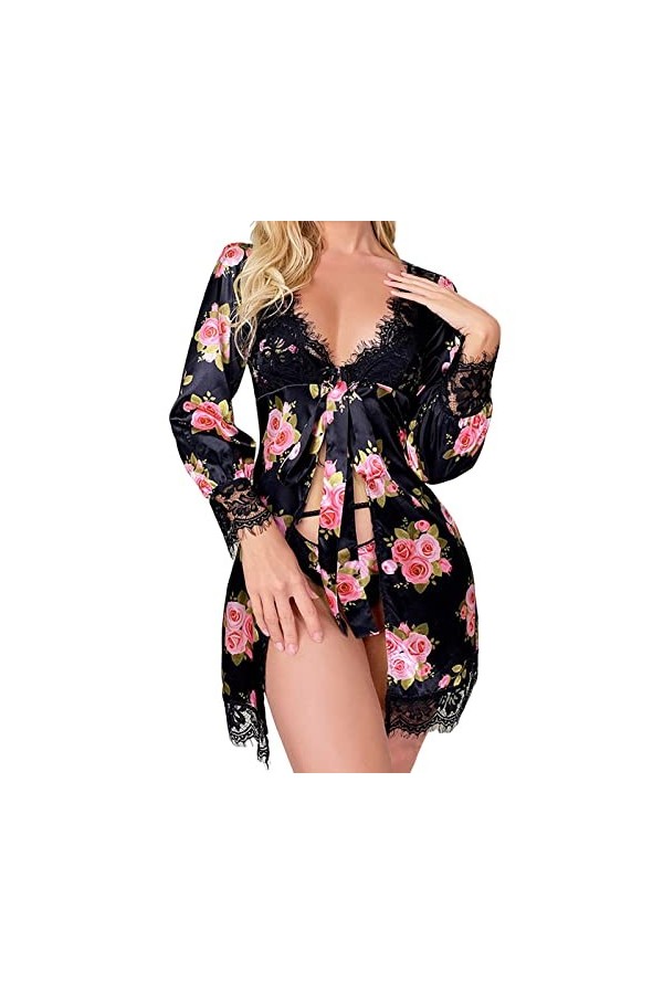 SUNMME Pyjama Sexy en Dentelle Florale Imitation Soie pour Femme - Chemise de Nuit Transparente - Vêtements pour Femme - Ling
