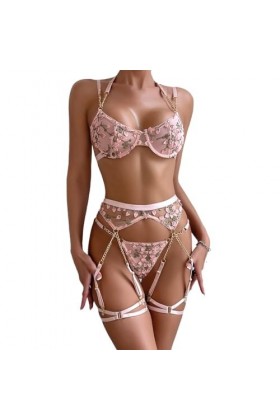 Ensemble de Lingerie pour Femmes, Porte-Jarretelles, Soutien-Gorge et Culotte Sexy, Tenues Bas Non Inclus Color : Pink, Si