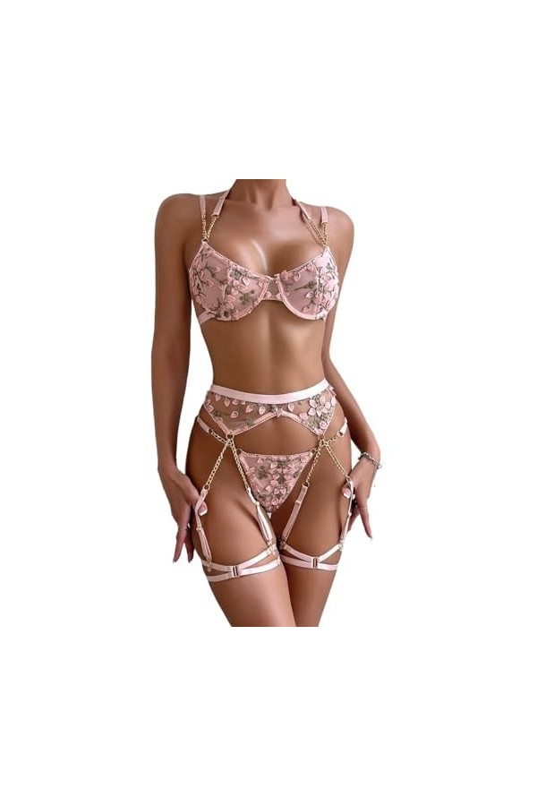 Ensemble de Lingerie pour Femmes, Porte-Jarretelles, Soutien-Gorge et Culotte Sexy, Tenues Bas Non Inclus Color : Pink, Si