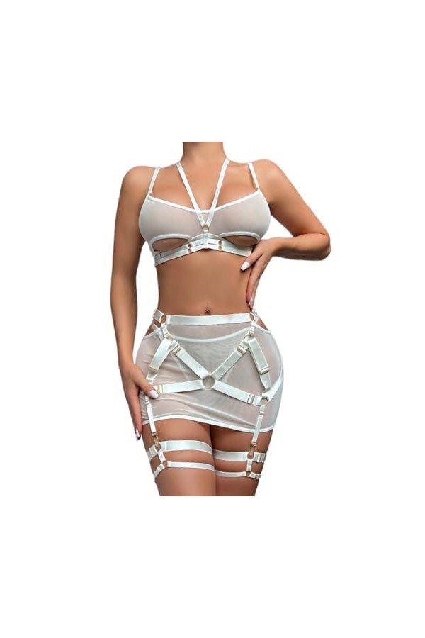 Lingerie pour Femmes, Soutien-Gorge à Armatures et Jupe, Jarretelles, Ensemble de Lingerie, Costumes avec Mini-Jupe Color : 