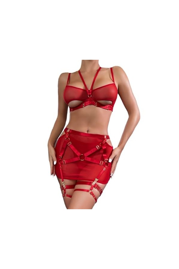 Lingerie pour Femmes, Soutien-Gorge à Armatures et Jupe, Jarretelles, Ensemble de Lingerie, Costumes avec Mini-Jupe Color : 