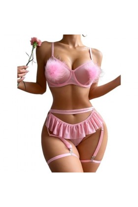 Lingerie 2 pièces en Dentelle pour Femme - Nuisette Sexy avec Soutien-Gorge et Culotte à col en V Color : Pink, Size : L 