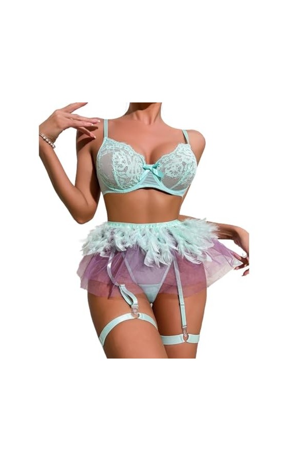 Lingerie Sexy pour Femme, Plumes, vêtements de Nuit, Lingerie Sexy en Dentelle, Plumes élégantes Assorties. Color : Blue, Si