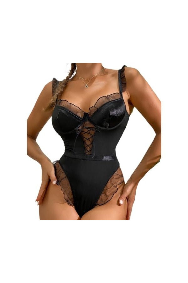 DAGIN Body en dentelle pour femme, décolleté en V profond, entrejambe pression, une pièce Color : Noir, Size : L 