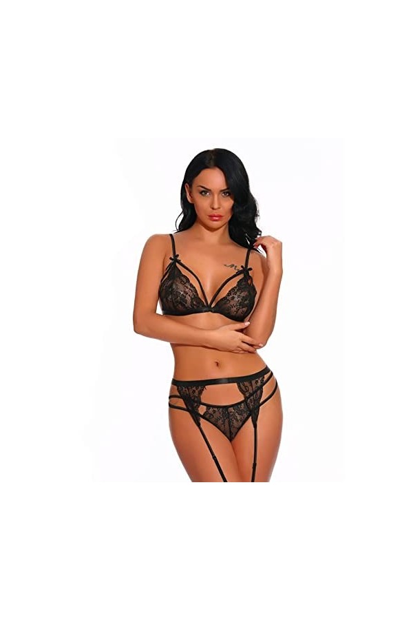 Front ouvertBas à Bretelles de Lingerie érotique 3 pièces Ensemble Pyjama Moulant Sexy, Rouge, XL