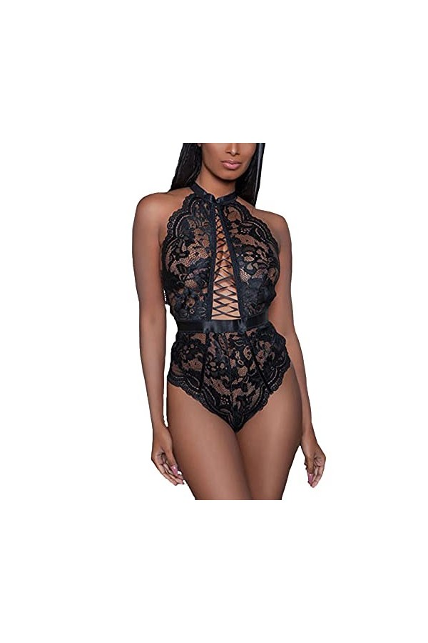 WDZOWU Halter Col V Dentelle Sexy Femmes-Noir_S