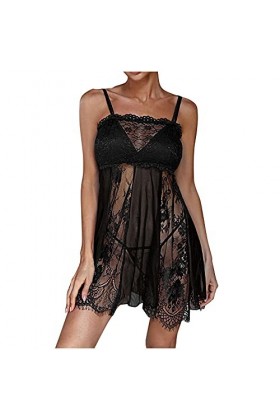 WDZOWU Robe de Nuit Sexy Dos Nu avec Bretelles en Dentelle-Black_M