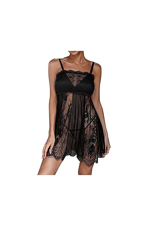 WDZOWU Robe de Nuit Sexy Dos Nu avec Bretelles en Dentelle-Black_M