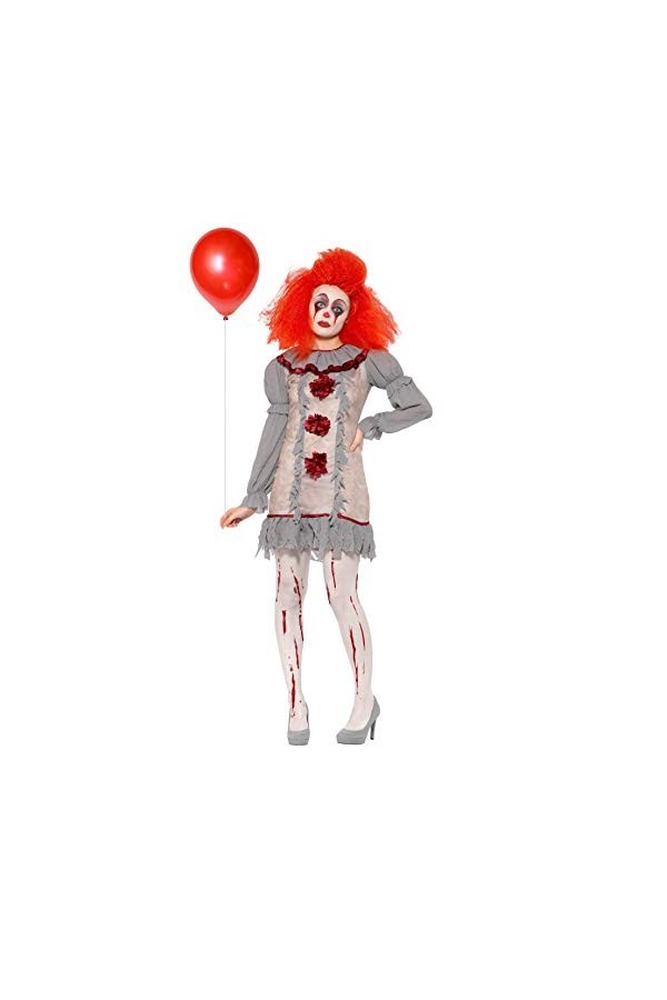 Vintage Clown Lady Costume, Grey & Red, with Dress & Neck Ruffle, L 