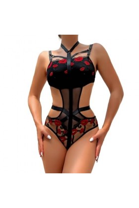 DAGIN Ceinture jarretière en dentelle croisée pour femmes, imprimé lèvres Sexy, maille découpée, Lingerie Color : Noir, Size