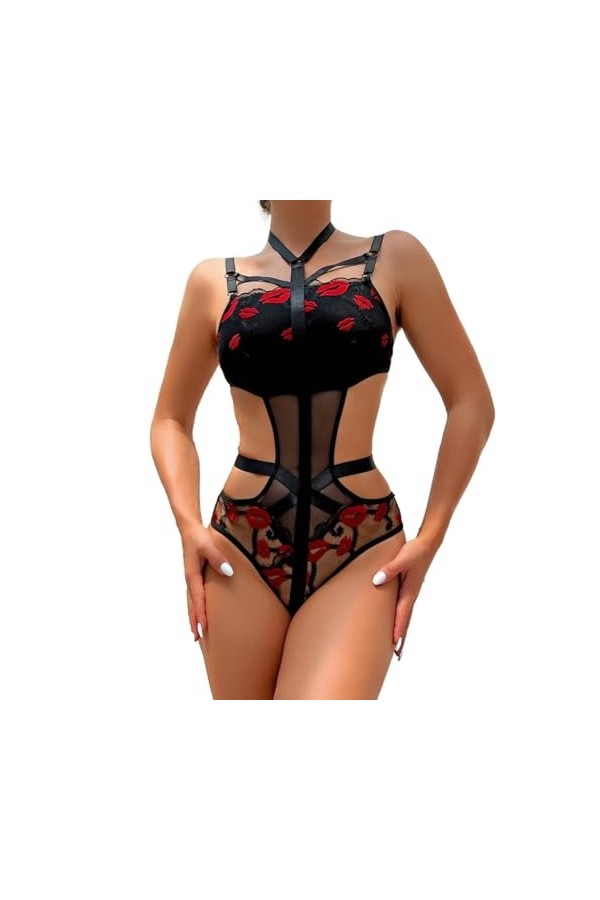 DAGIN Ceinture jarretière en dentelle croisée pour femmes, imprimé lèvres Sexy, maille découpée, Lingerie Color : Noir, Size