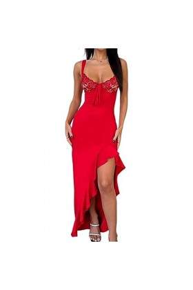 Qoier Femmes été Sexy côté Fendu Maxi Robe Couleur Unie Bretelles Spaghetti laçage irrégulier Longue Robe Clubwear