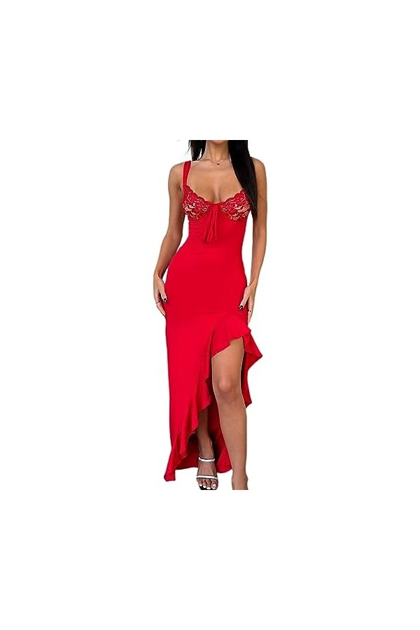 Qoier Femmes été Sexy côté Fendu Maxi Robe Couleur Unie Bretelles Spaghetti laçage irrégulier Longue Robe Clubwear