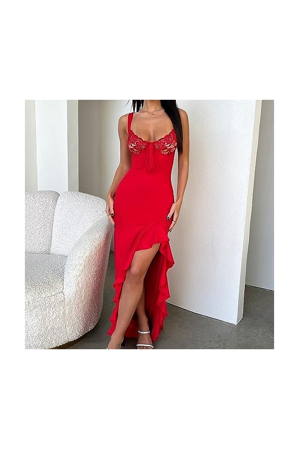 Qoier Femmes été Sexy côté Fendu Maxi Robe Couleur Unie Bretelles Spaghetti laçage irrégulier Longue Robe Clubwear