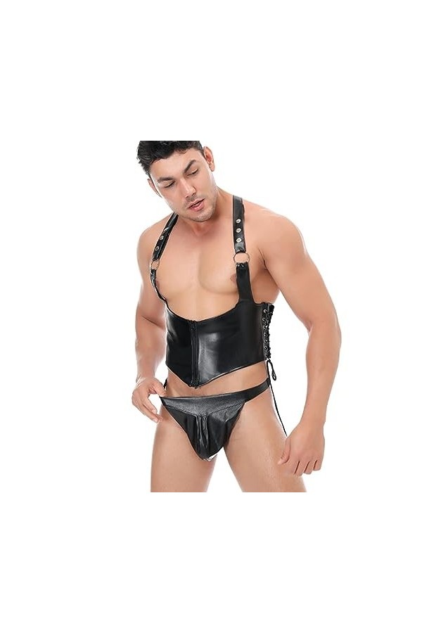 DCIUSTFHE Hommes Sexy Noir Cuir PU Bretelles Boucle en Métal Hauts Et Shorts Ensemble 2 Pièces Boîtes De Nuit Bars DS Scène R