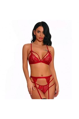 Front ouvertBas à Bretelles de Lingerie érotique 3 pièces Ensemble Pyjama Moulant Sexy, Rouge, XL