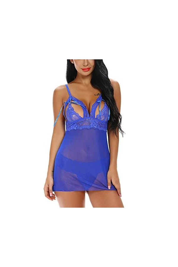 ZTIANEF Tissu en mailleSexy Bretelle Pyjama Chemise de Nuit Maison Sexe Lingerie Mesh Lacet, Bleu, XL