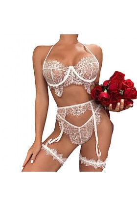 LatexSexy Lingerie Dentelle Pure Licou col Trois pièces, Blanc, M