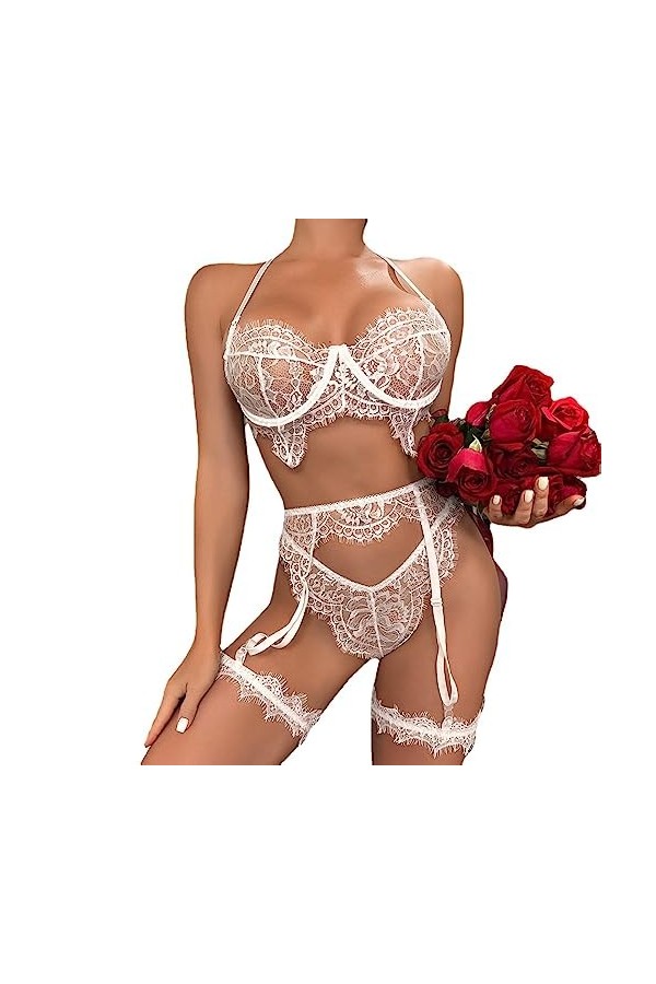 LatexSexy Lingerie Dentelle Pure Licou col Trois pièces, Blanc, M