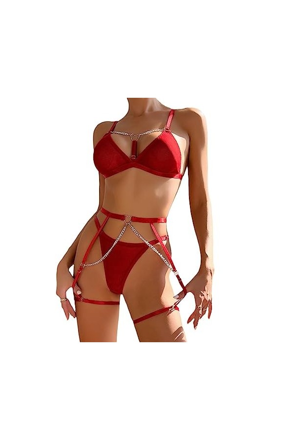 MiniLingerie Sensuelle Sexuelle rassemblée Pure Amour Confortable Jeu de rôle Trois pièces, Rouge, M